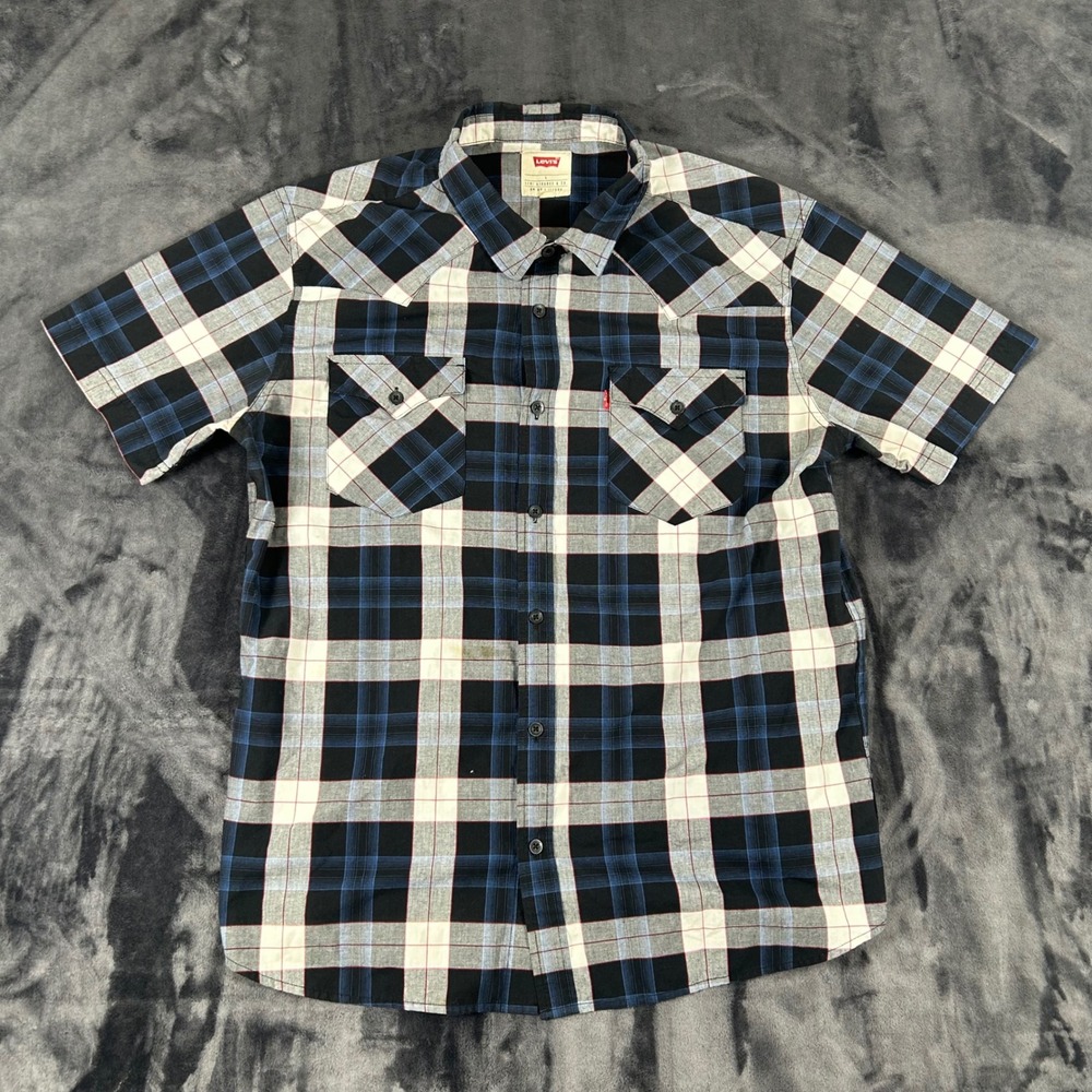 Levi's Western Shirt Mens Large Blue Black Plaid Short Sleeve 3LGSW1417